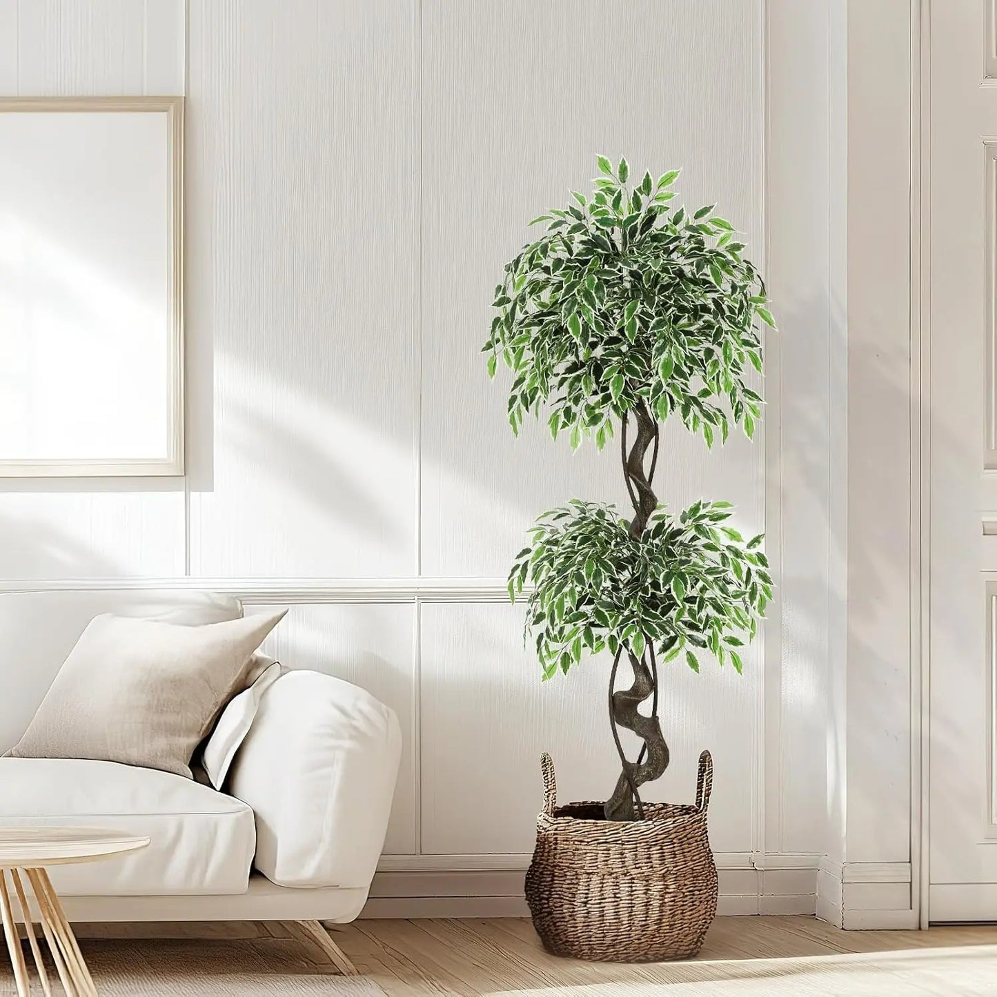 Artificial Ficus Tree Indoor Outdoor Fake Ficus Tree with Pebbles & Green Fake Moss, Pot Faux Tree for Office Home Decor