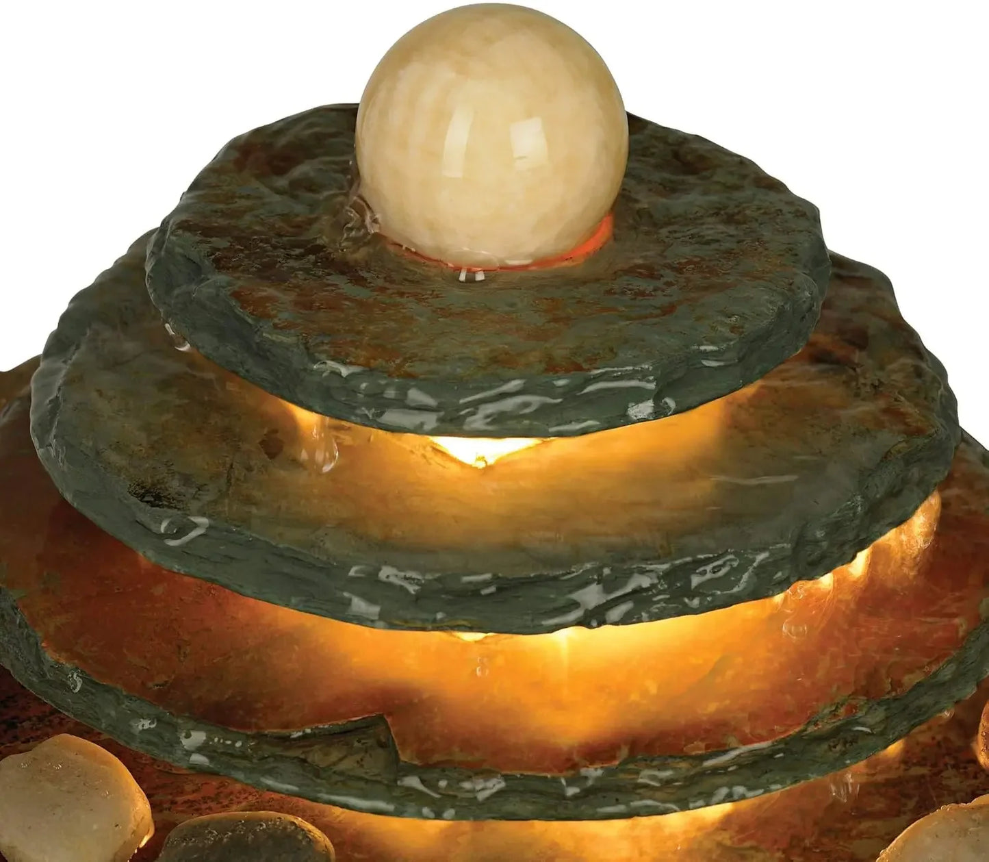 Pyramid 10" High Small Zen Modern Indoor Decor Slate Stone Tabletop Fountain with Light Waterfall Feng Shui Ball Rock Water Feat