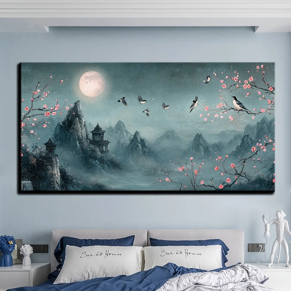 Chinese traditional flower full moon mural, canvas poster interior decoration,1.5 inch thick pine solid wood frame