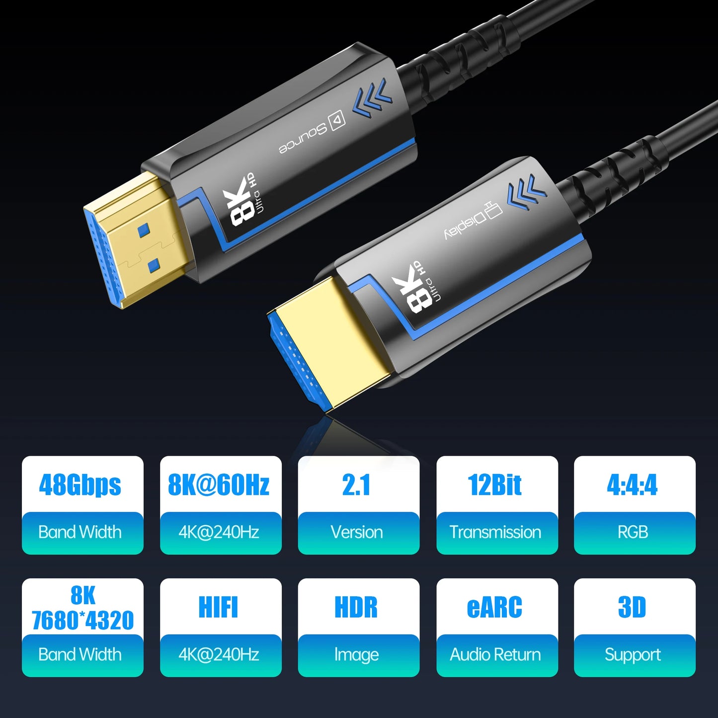 8K HDMI Optical Fiber 2.1 Cable 8K@60Hz 4K@120Hz 48Gbps Hight Speed optical fiber for TV Box Projector Ps3/4 Computer