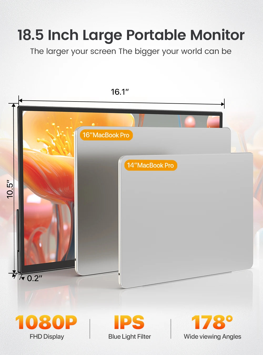 UPERFECT 18.5 Inch Portable Monitor 1920*1080 120HZ Laptop Gaming Display HDMI TYPE C For Phone Computer Extension Office Screen