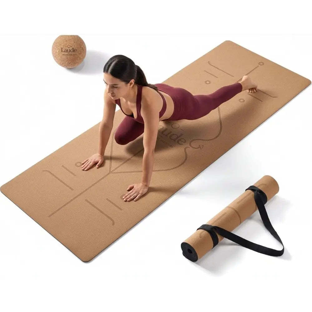 Sustainable Eco-Friendly Cork and Rubber Yoga Mat Set with Ball, Strap, and Alignment Lines - Thick, Non-Slip, Sweat-Resistant,