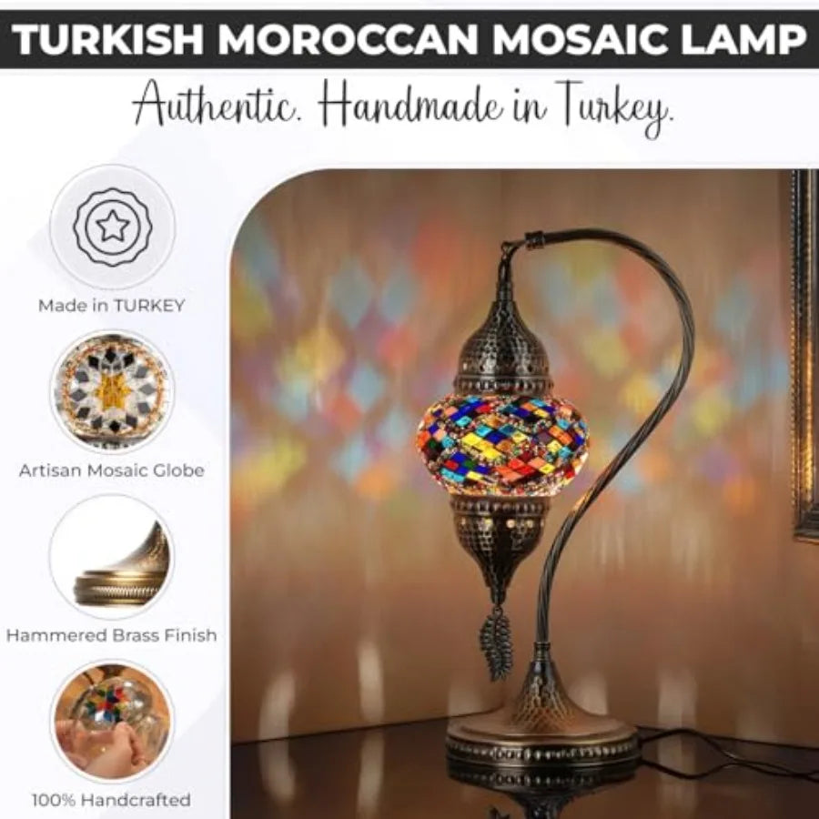 Turkish Moroccan Table Lamp, Swan Neck Tiffany Style Mosaic Glass Table Desk Bedside Lamp for Bedroom, Living Room Handcrafted