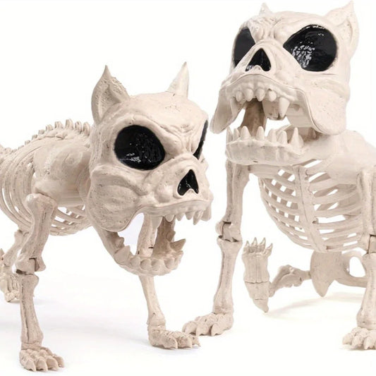 2 PCS 16" Halloween Poseable Dog Skeleton Decoration Animal Puppy Plastic Bones with Posable Joints for Prop Indoor Outdoor Decor Spooky Scene Party Favors Graveyard Decorations