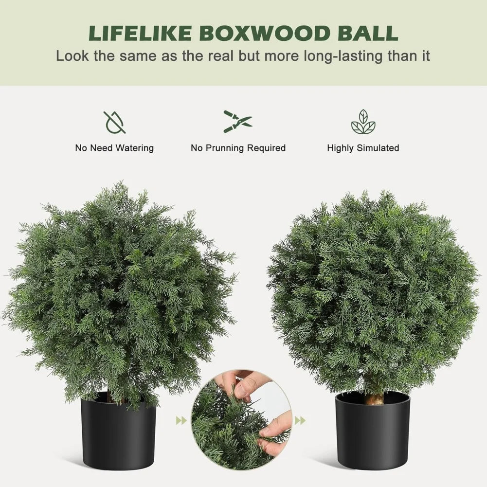 2 Pcs 24'' Artificial Cedar Topiary Ball Trees with Potted Fake Cedar Plants Artificial Shrubs Bushes Ball Tree for Front Door