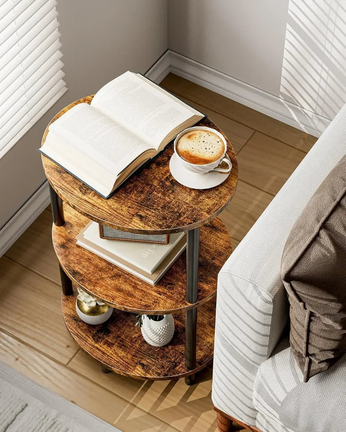 Small Round Side Table - 3-Tier Oval Accent Table for Small Spaces, Rustic Wood and Metal Couch End Table, Nightstand for Bedroo