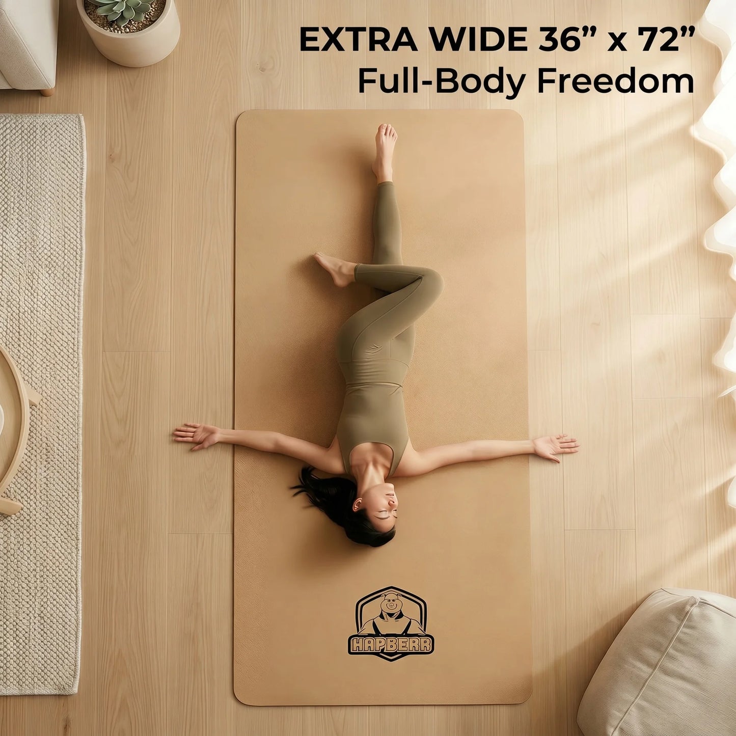HAPBEAR Large Cork Yoga Mat - 72"x36" Wide Non-Slip for Home Workout, Yoga, Pilates & Stretching - 6mm Cushioned Support & Durable - Carry Bag Included