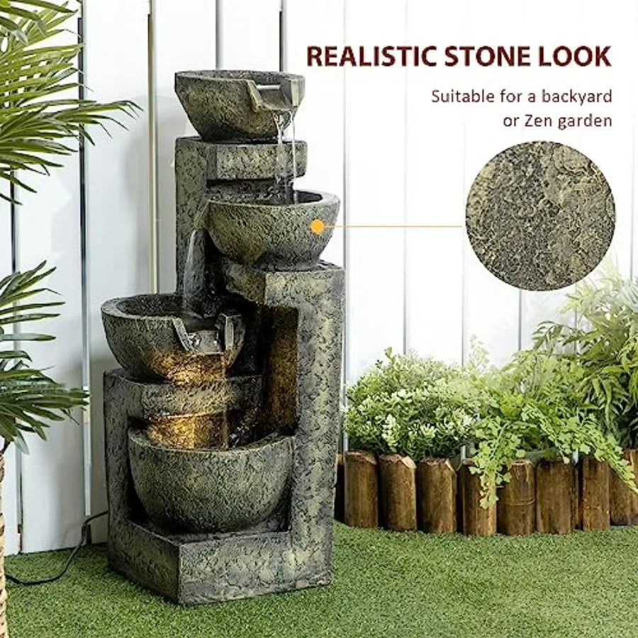 Outdoor Fountain with 4-Tier Stacked Stone Look Bowls Cascading Waterfall Adjustable Flow LED Lights Rustic Decor for Patio Zen
