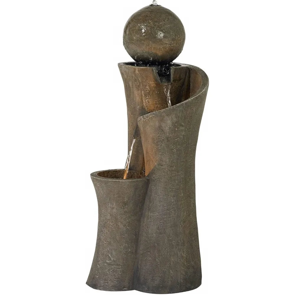 Large Modern Zen Indoor Outdoor Faux Stone Floor Fountain with LED Lighted Waterfall, 39.5" High