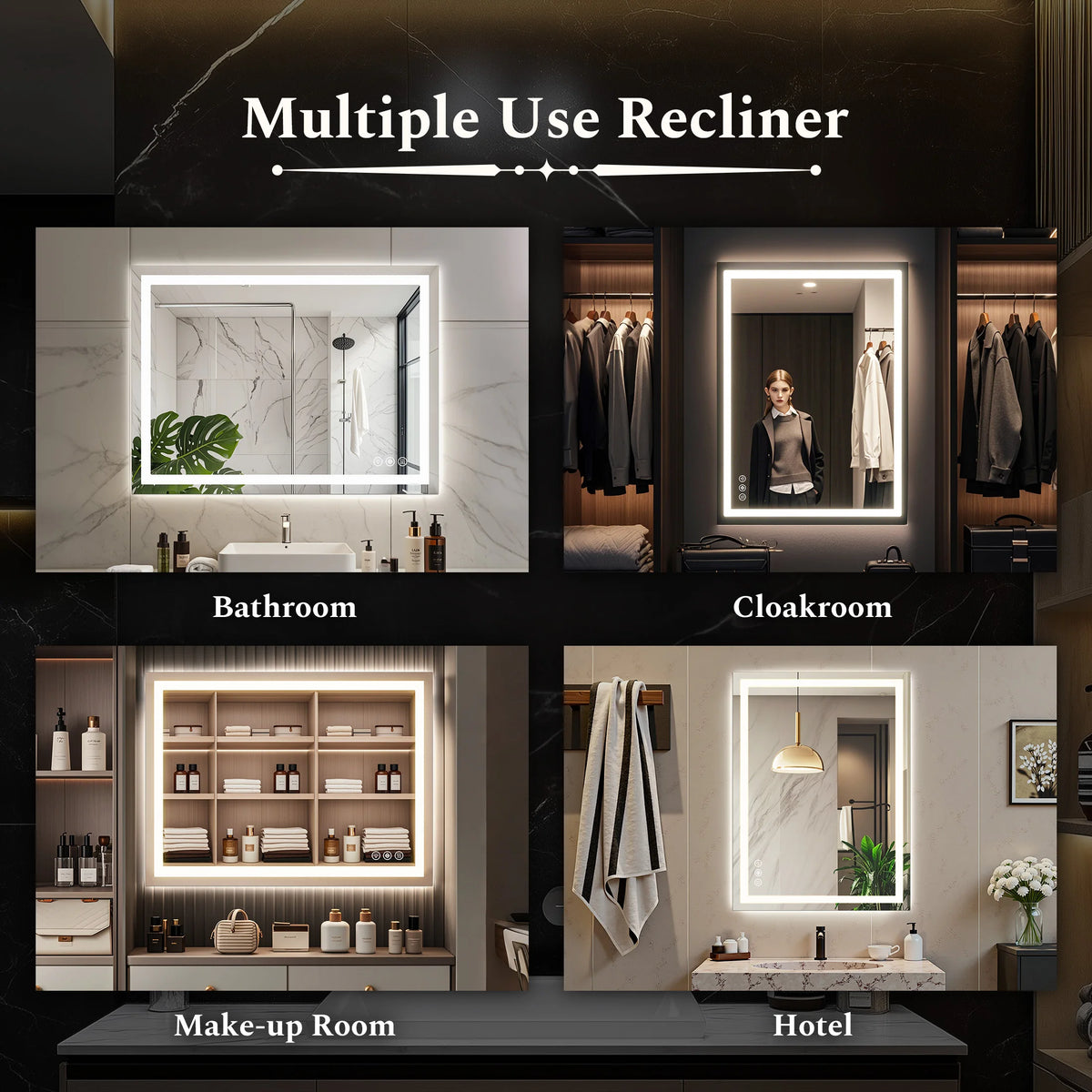 MCQ Rectangle LED Bathroom Mirror with Lights Tempered Glass Makeup Memory Function Dimmable Anti-Fog Front Lit Backlit Lighted Modern Vanity Mirror for Home Bedroom