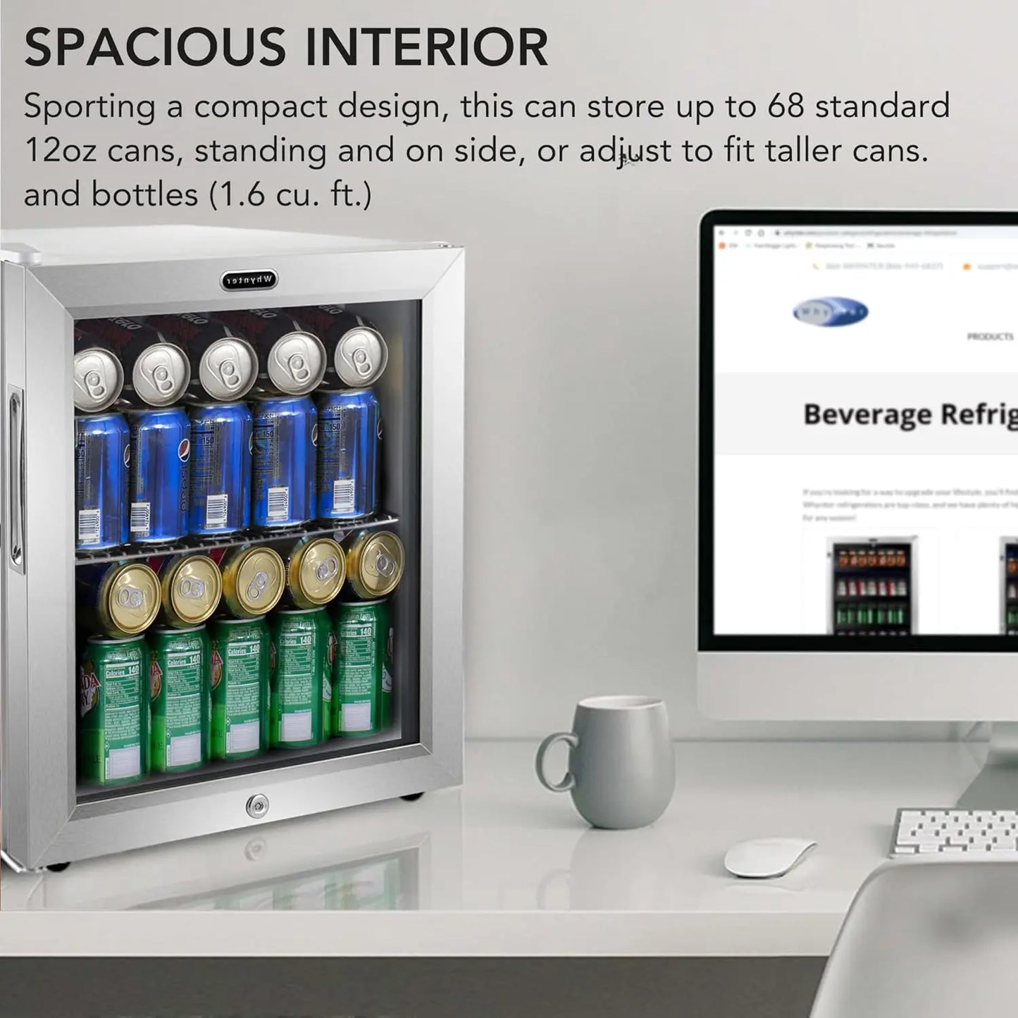 Double-Layer Glass Door Beverage Refrigerator, 68-Can 1.6 Cu Ft Freestanding Drink Mini Fridge, Stainless Steel