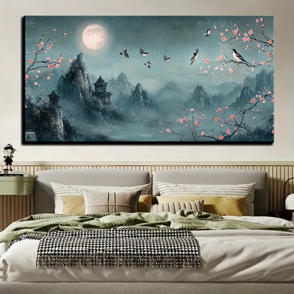 Chinese traditional flower full moon mural, canvas poster interior decoration,1.5 inch thick pine solid wood frame