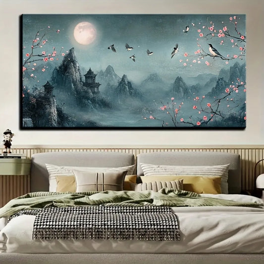 Chinese traditional flower full moon mural, canvas poster interior decoration,1.5 inch thick pine solid wood frame