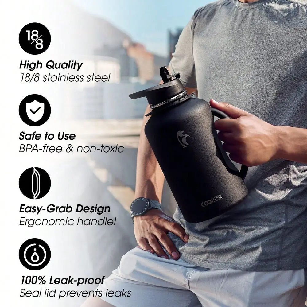 64oz Insulated Water Bottle With Handle & Strap, Stainless Steel Half Gallon Water Drinkware With 2 Lids & Straws, Lea