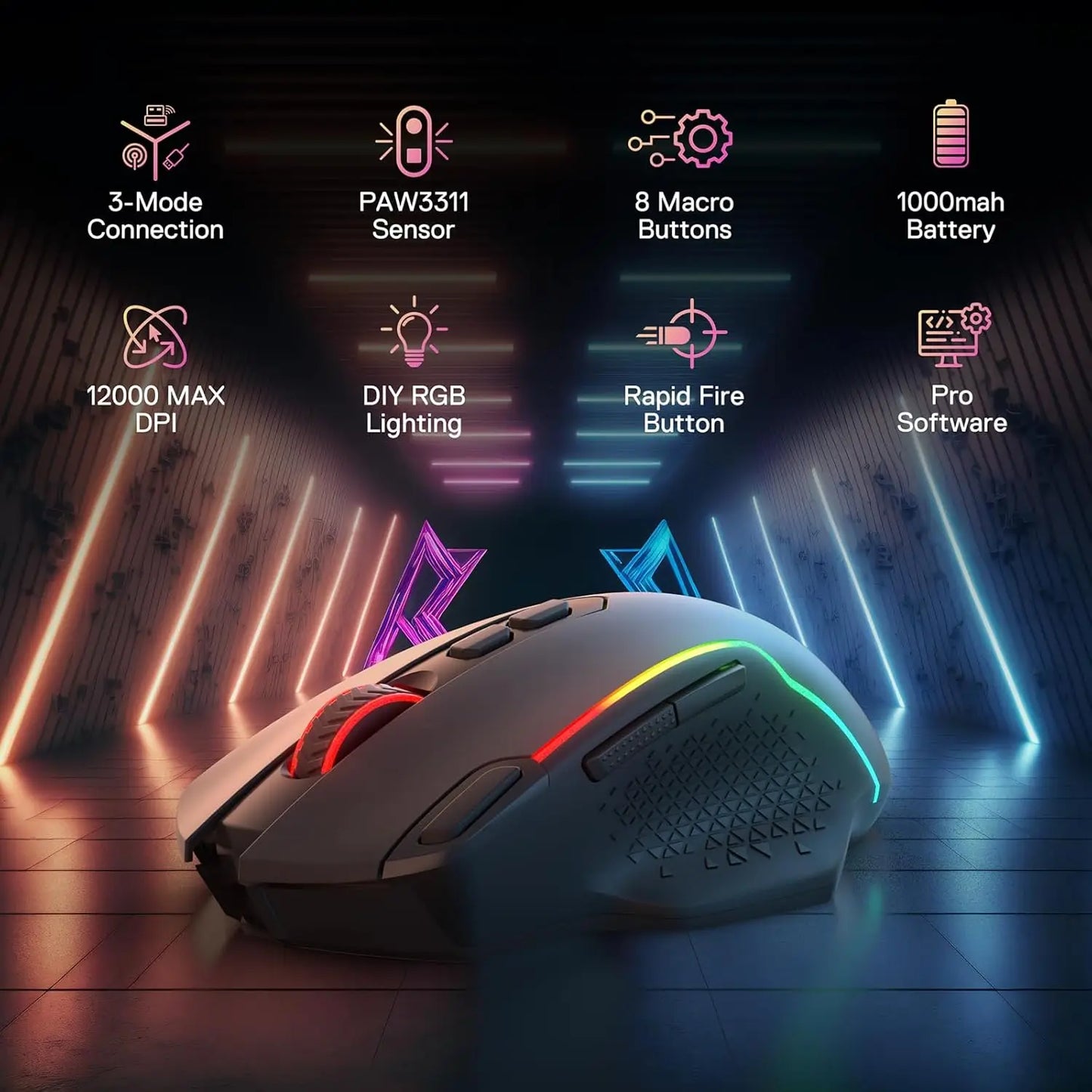 Redragon M810 MAX 3-Mode Wireless Gaming Mouse, 12000 DPI Wired/Wireless RGB Mouse,Rapid Fire Key, 8 Macro Buttons