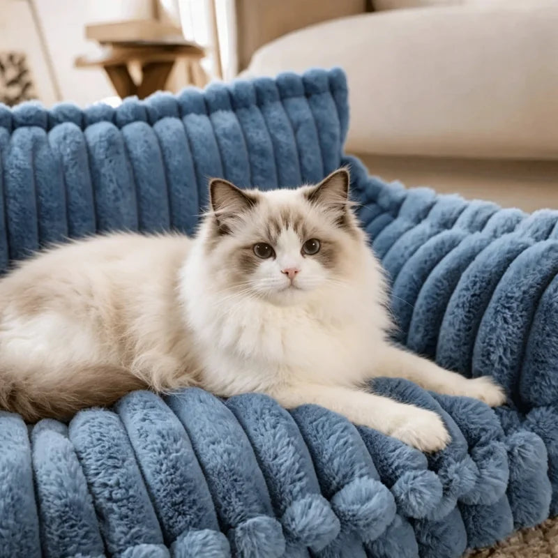 Soft Rabbit Plush Pet Sofa Bed Anti Slip Bottom Zipper Removable Cover Comfortable Pet Sleeping Couch With Pillow Fashion Striped Design Indoor Bedroom Living Room Pet Rest Furniture