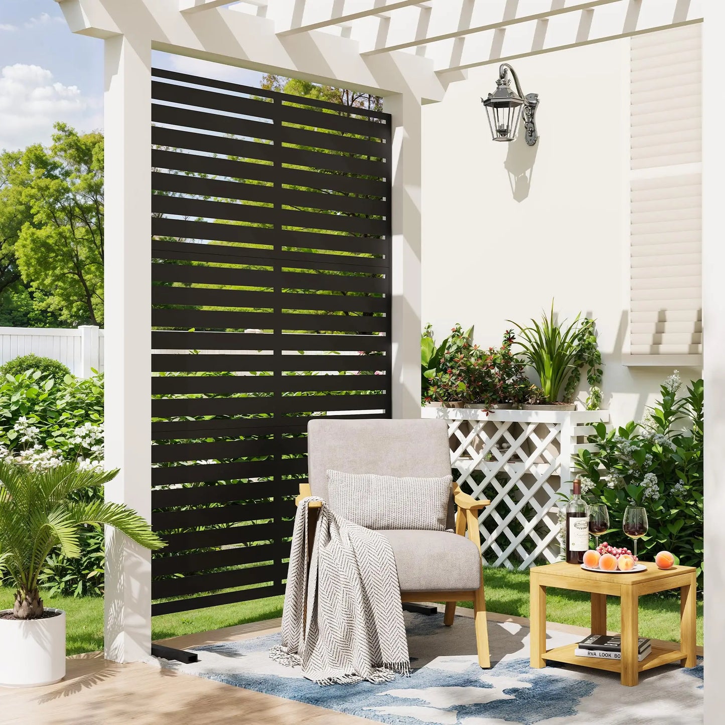6FT Outdoor Metal Privacy Fence Freestanding Screen Panel With Stand, Decorative Room Divider For Patio Yard Balcony