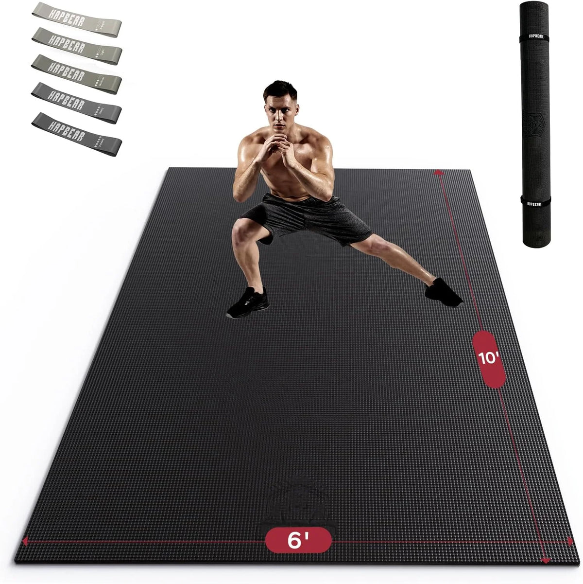 HAPBEAR 7'x5' Large Home Gym Mat 8mm Thick, High Density PVC Commercial Grade Fitness Flooring, Non Slip Shock Absorbing Durable Exercise Mat for CrossFit HIIT Cardio Strength Training, with Bands & Bag