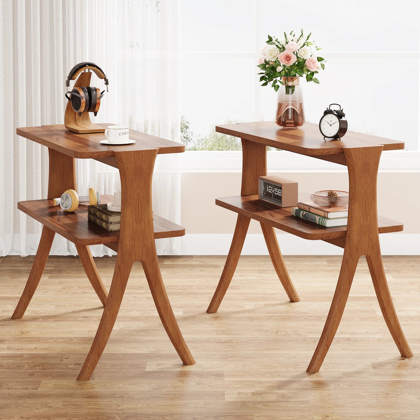 Tribesigns Walnut Side Table for Living Room, Narrow End Table with 2-Tier Storage Shelf and Solid Wood Legs, Slim Bedside Table