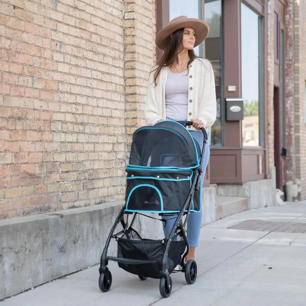 Pet Stroller, Includes 360 Degree Front Wheel Swivel, Rear Wheel Breaks, Reflective Trim, Mesh Panels, Umbrella and Mesh Canopy