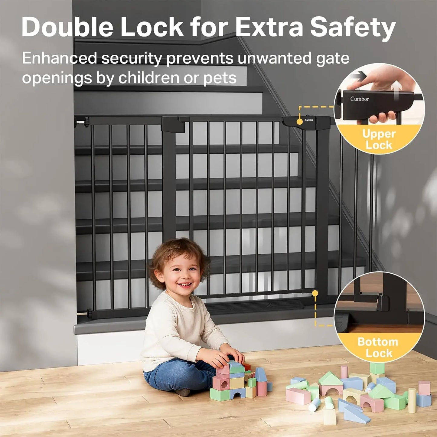 Extra Wide Auto-Close Baby and Pet Gate for Stairs, Doorways, Hallways - Pressure Mounted, No-Trip Design, Black