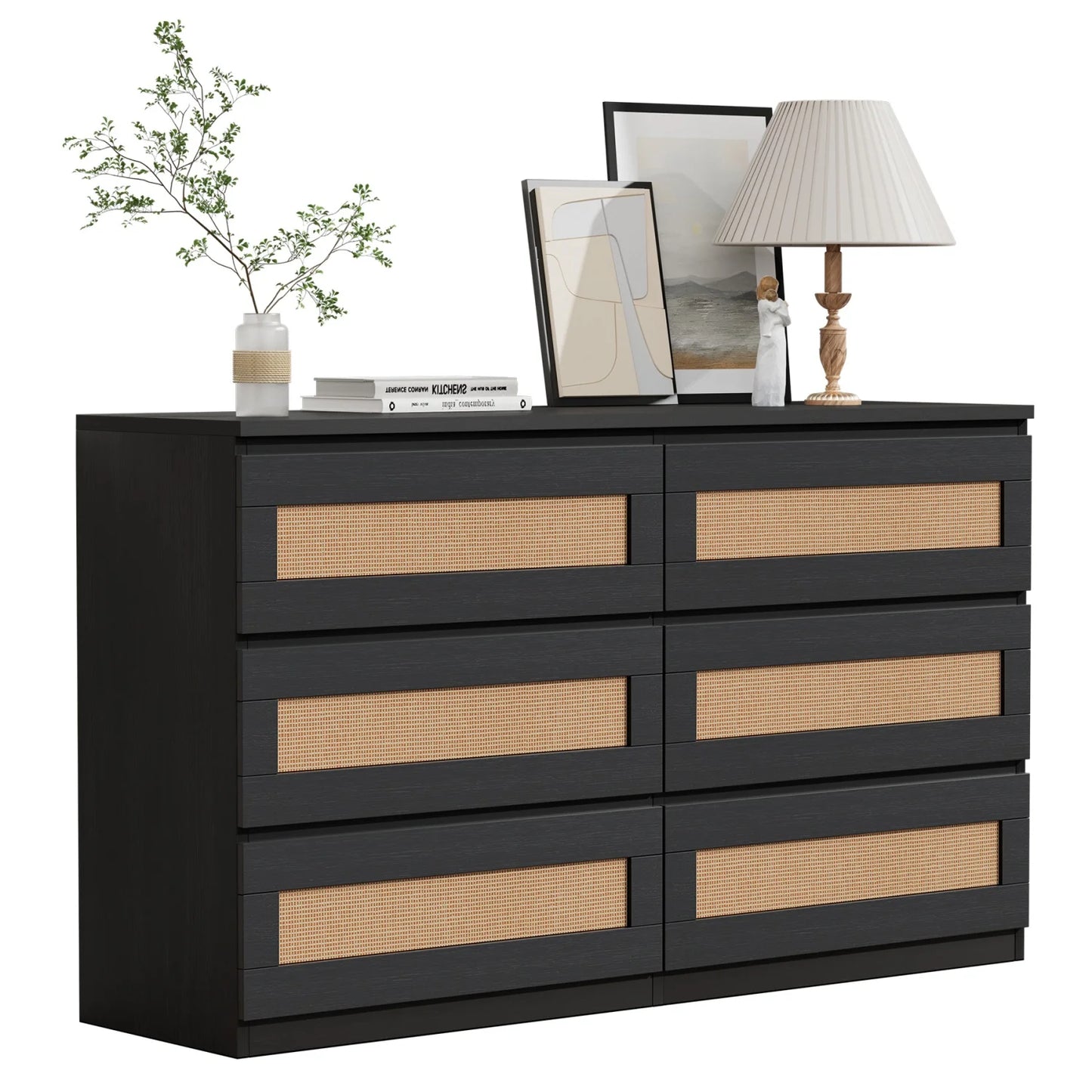 Modern Rattan 6-Drawer Dresser for Bedroom Wooden Chest of Drawers, Freestanding Storage Cabinet for Living Room and Entryway